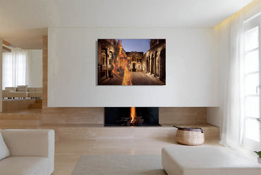 Diocletian's Palace with Goddess Roma canvas print by Storaro Art Collection - Roma goddess sculpture with golden palace architecture in imperial sovereignty atmosphere on museum-quality wall art